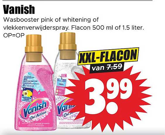 Vanish Wasbooster pink of whitening of vlekkenverwijder spray. Flacon 500 ml of 1.5 liter. XXL-FLACON