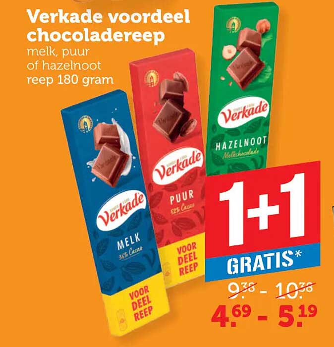 Verkade voordeel chocoladereep melk, puur of hazelnoot reep 180 gram 1+1 gratis