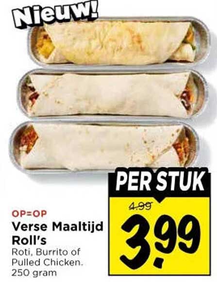 Verse Maaltijd Roll's Roti, Burrito of Pulled Chicken. 250 gram PER STUK