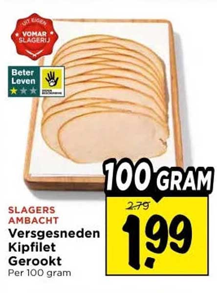 Versgesneden Kipfilet Gerookt Per 100 gram