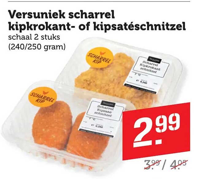 Versuniek scharrel kipkrokant- of kipsaté schnitzel schaal 2 stuks (240/250 gram)