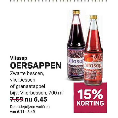 Vitasap OERSAPPEN Zwarte bessen, vlierbessen of granaatappel bijv: Vlierbessen, 700 ml 15% KORTING