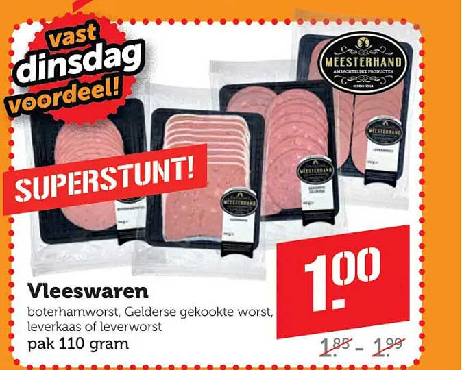 Vleeswaren boterhamworst, Gelderse gekookte worst, leverkaas of leverworst pak 110 gram SUPERSTUNT!