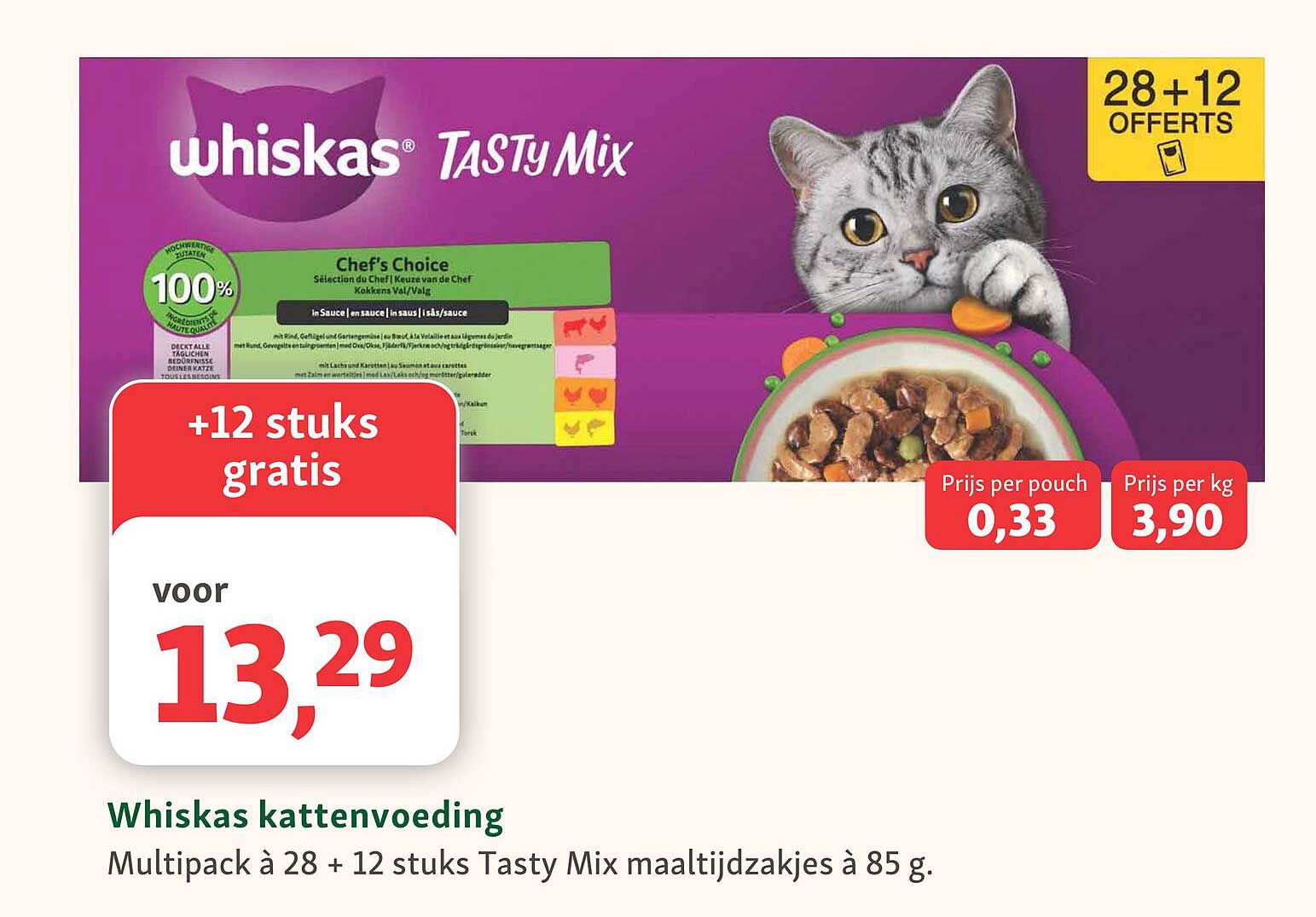 Whiskas kattenvoeding Multipack à 28 + 12 stuks Tasty Mix maaltijdzakjes à 85 g. +12 stuks gratis