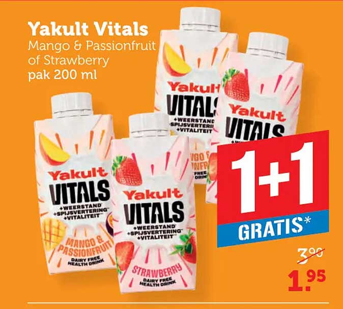 Yakult Vitals Mango & Passionfruit of Strawberry pak 200 ml 1+1 GRATIS