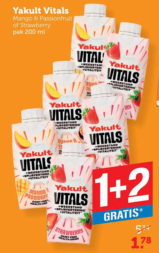 Yakult Vitals Mango & Passionfruit of Strawberry pak 200 ml 1+2 GRATIS*