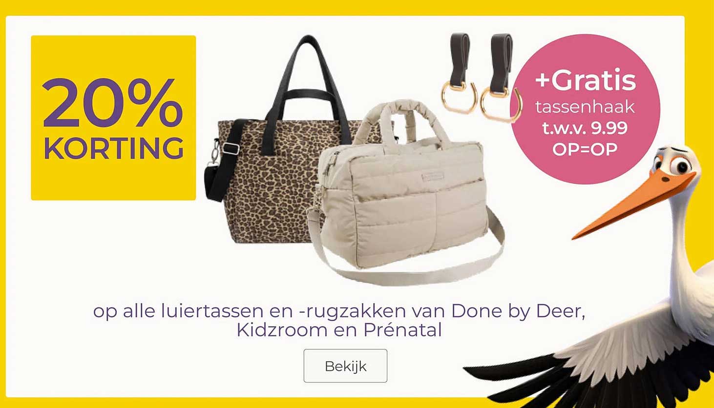 20% KORTING op alle luiertassen en -rugzakken van Done by Deer, Kidzroom en Prénatal +Gratis tassenhaak t.w.v. 9.99 OP=OP