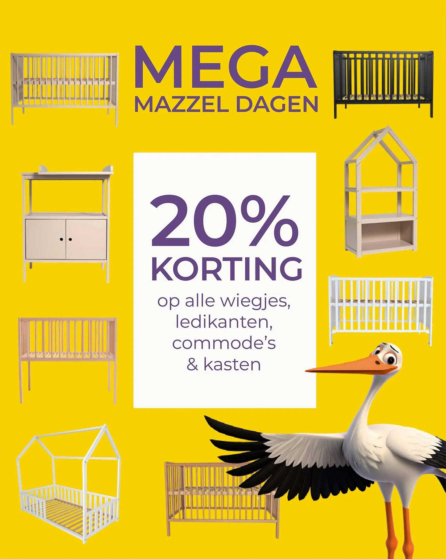 20% KORTING op alle wiegjes, ledikanten, commode’s & kasten
