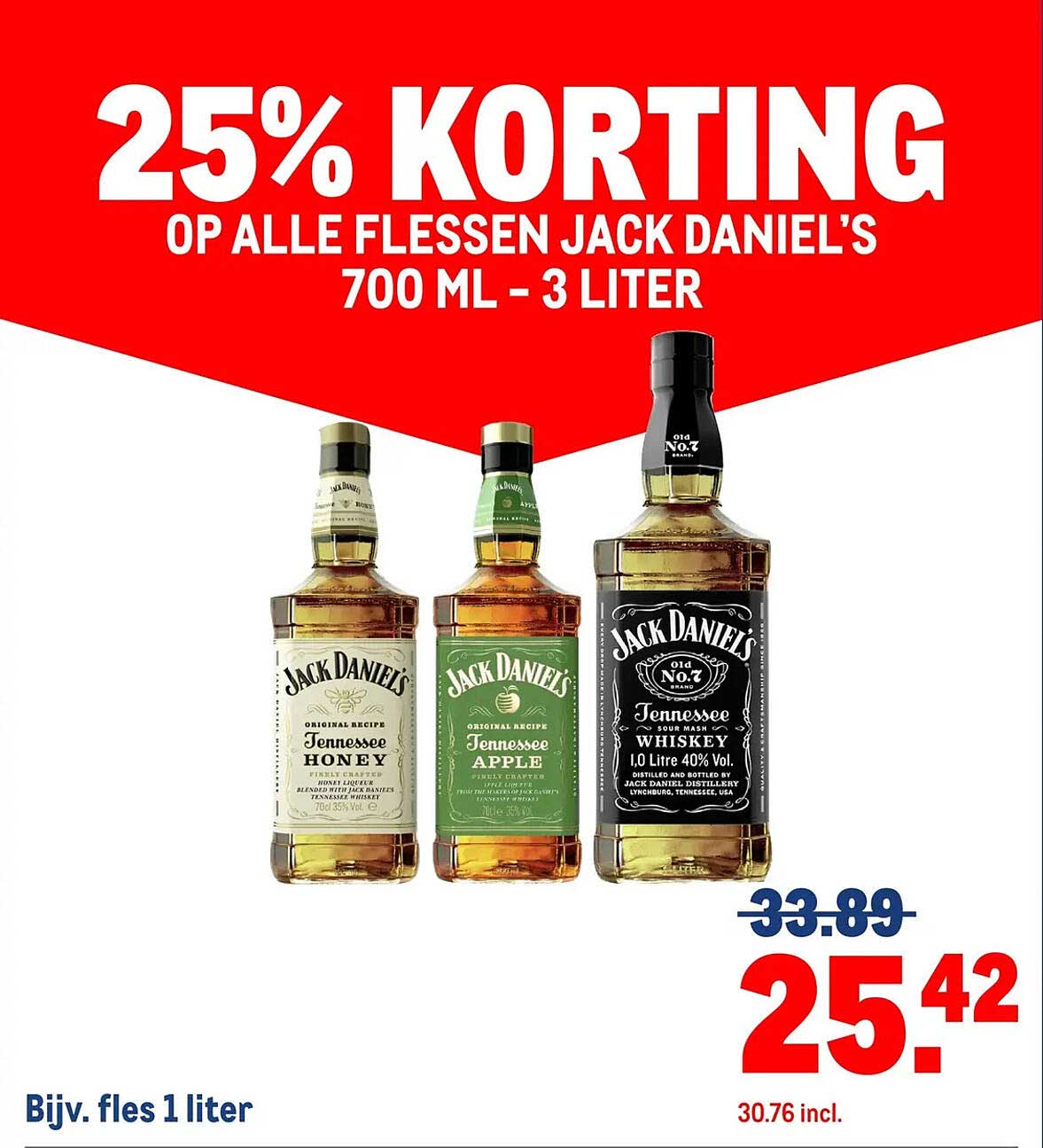 25% korting op alle flessen Jack Daniel's 700 ml - 3 liter