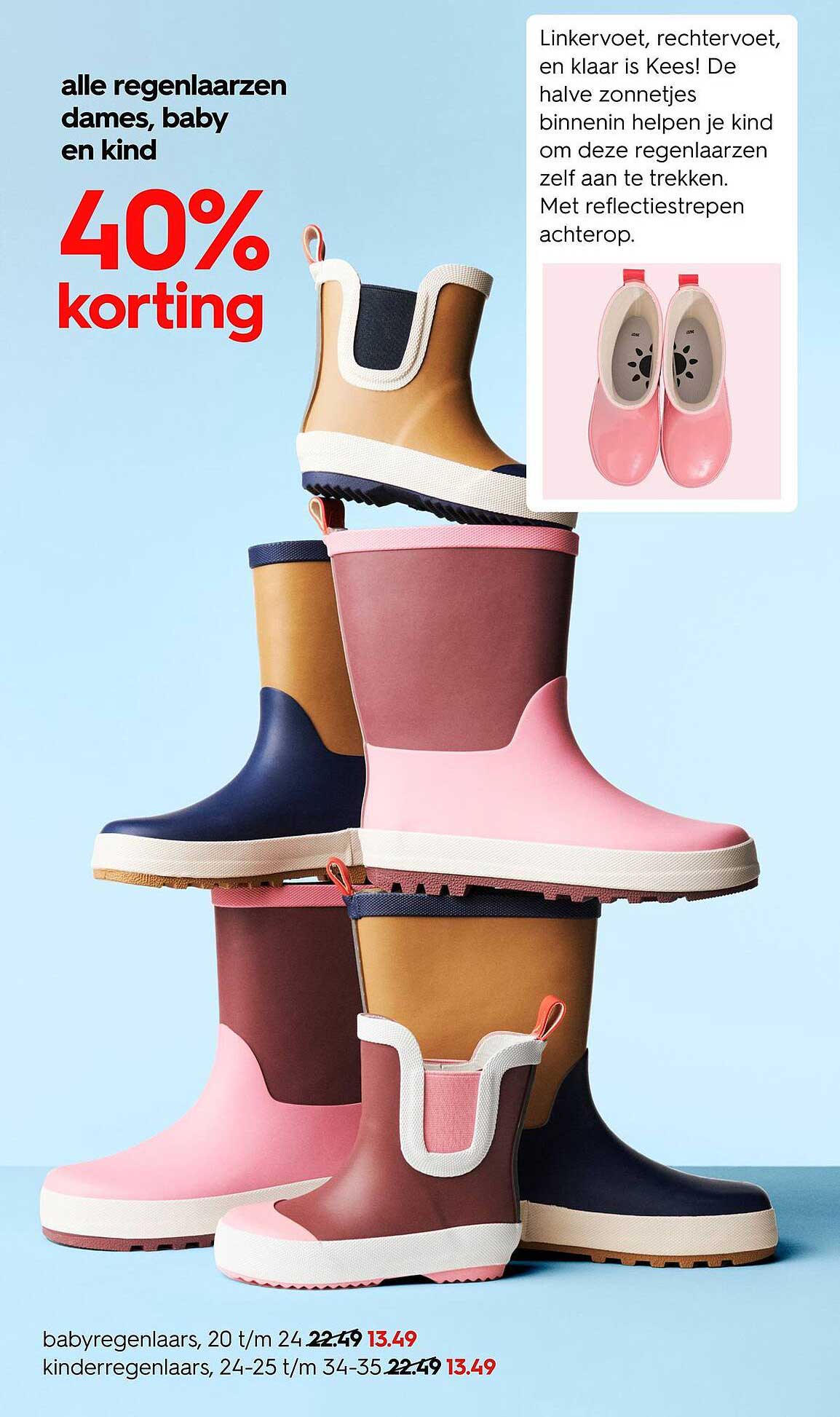 alle regenlaarzen dames, baby en kind 40% korting