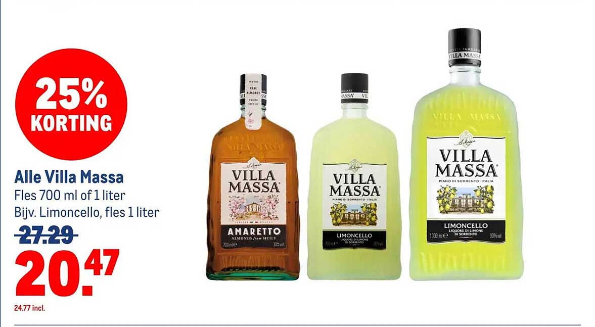 Alle Villa Massa Fles 700 ml of 1 liter Bijv. Limoncello, fles 1 liter