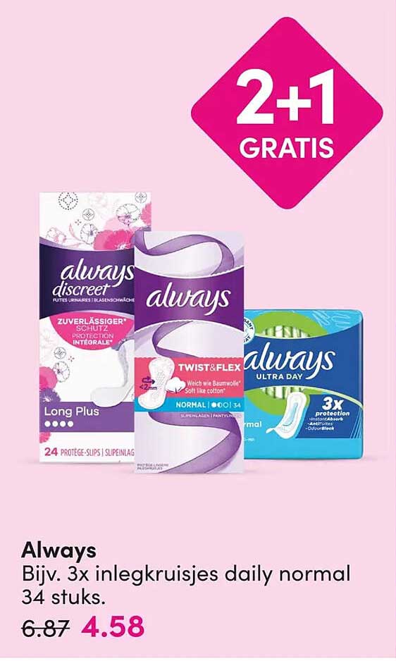 Always Bijv. 3x inlegkruisjes daily normal 34 stuks. 2+1 gratis