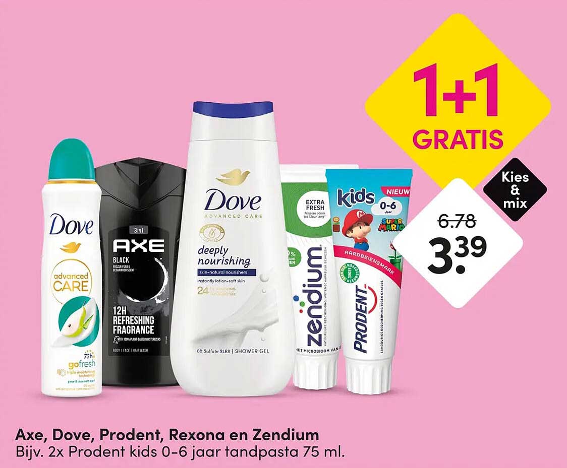 Axe, Dove, Prodent, Rexona en Zendium Bijv. 2x Prodent kids 0-6 jaar tandpasta 75 ml. 1+1 GRATIS