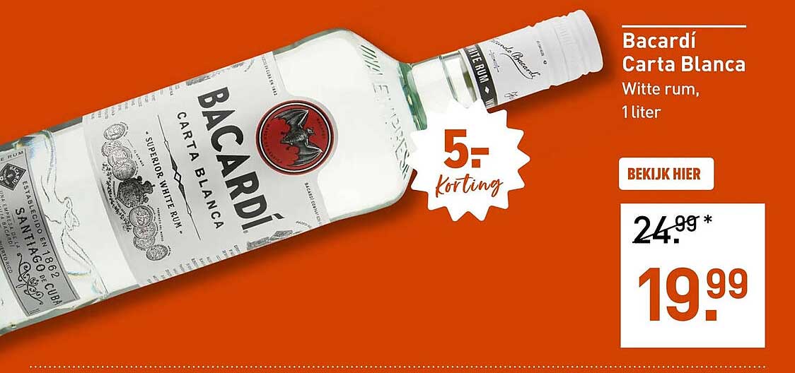 Bacardí Carta Blanca Witte rum, 1 liter 5,- korting