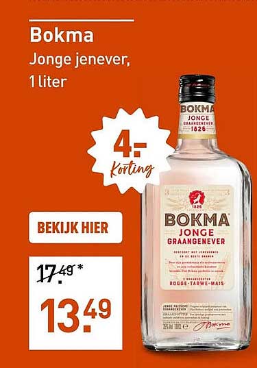 Bokma Jonge jenever, 1 liter 4,- Korting