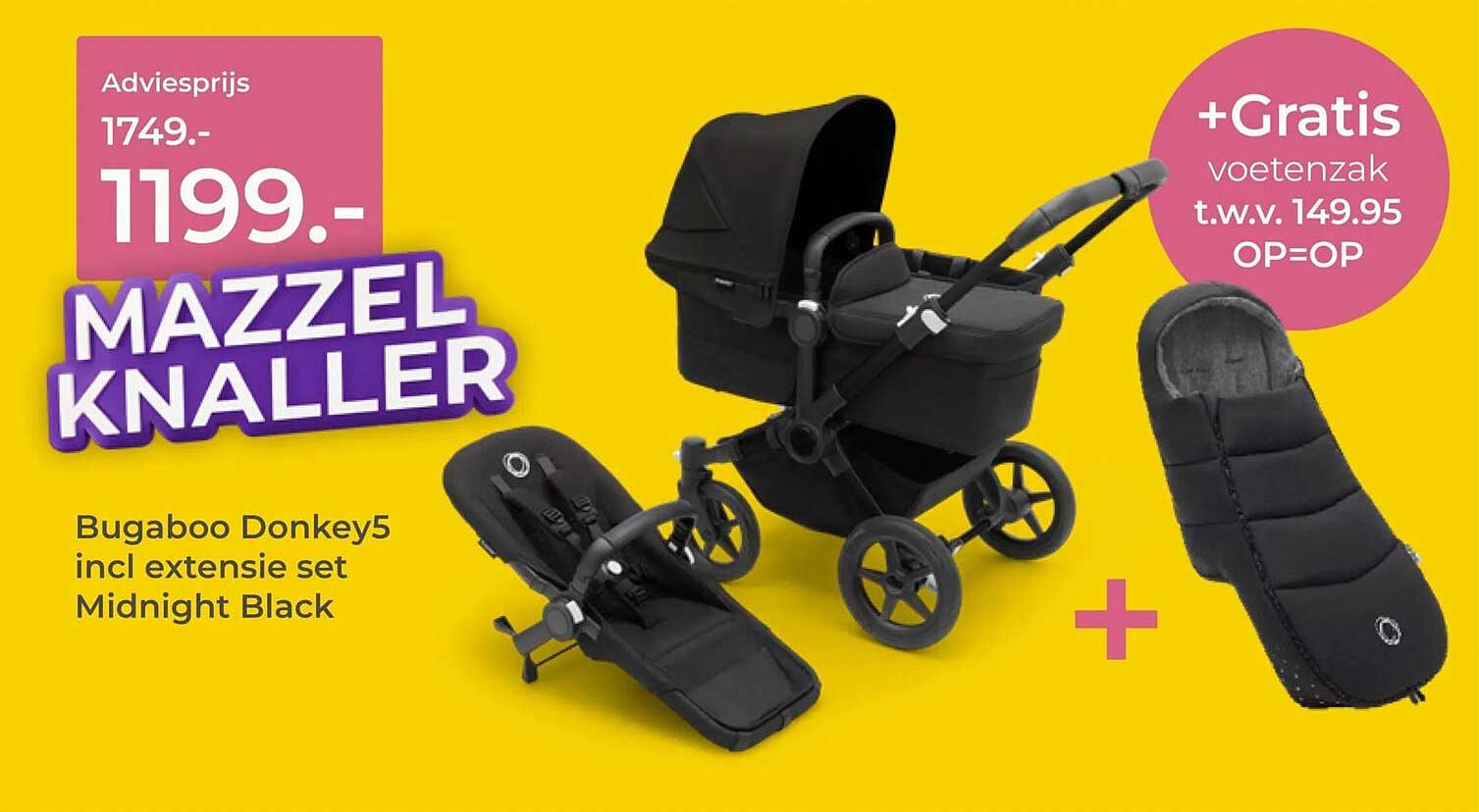 Bugaboo Donkey5 incl extensie set Midnight Black +Gratis voetenzak t.w.v. 149.95 OP=OP