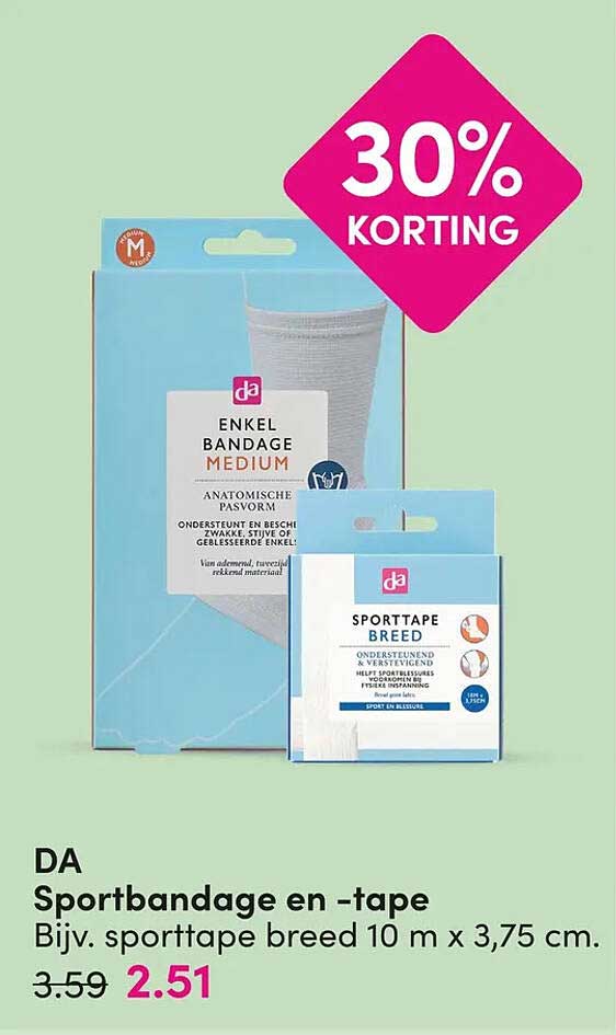 DA Sportbandage en -tape Bijv. sporttape breed 10 m x 3,75 cm. 30% korting