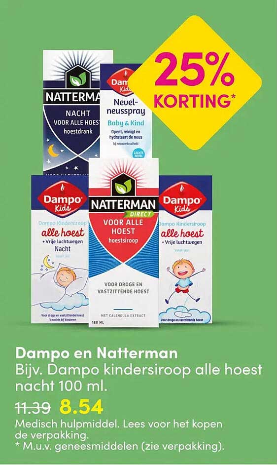 Dampo en Natterman Bijv. Dampo kindersiroop alle hoest nacht 100 ml. 25% KORTING*