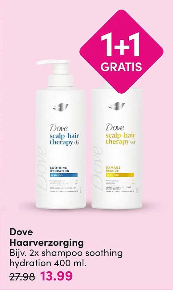 Dove Haarverzorging Bijv. 2x shampoo soothing hydration 400 ml. 1+1 GRATIS