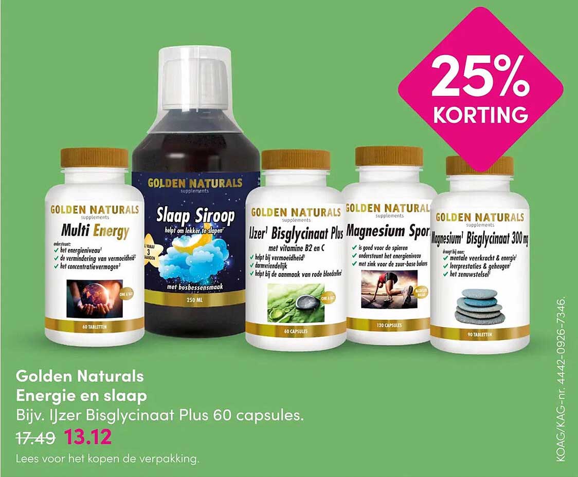 Golden Naturals Energie en slaap Bijv. IJzer Bisglycinaat Plus 60 capsules. 25% KORTING