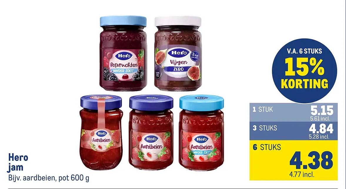 Hero jam Bijv. aardbeien, pot 600 g