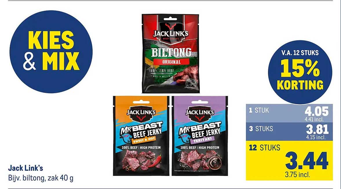 Jack Link's Bijv. biltong, zak 40 g KIES & MIX V.A. 12 STUKS 15% KORTING