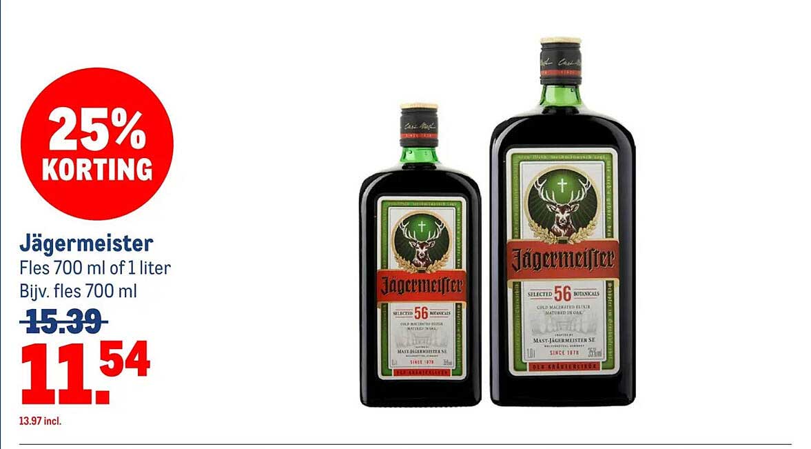 Jägermeister Fles 700 ml of 1 liter Bijv. fles 700 ml