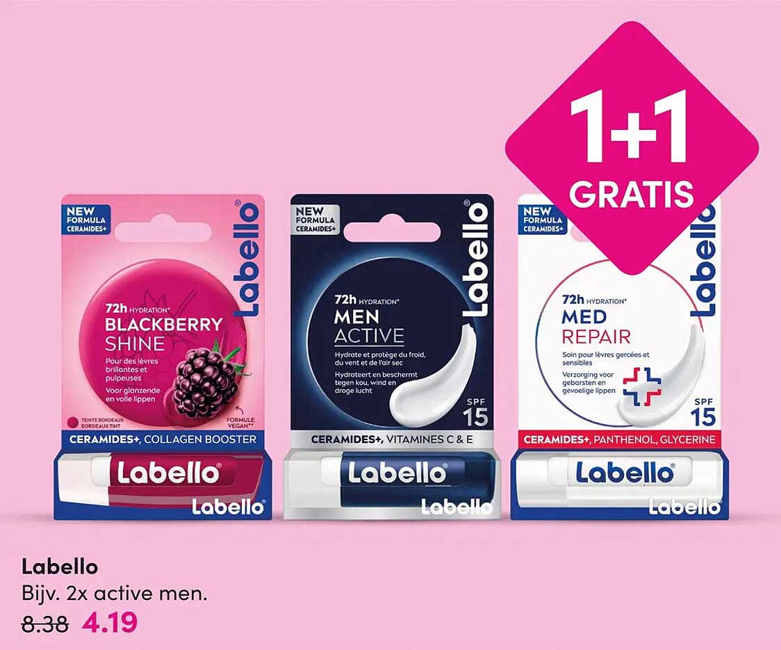 Labello Bijv. 2x active men. 1+1 gratis