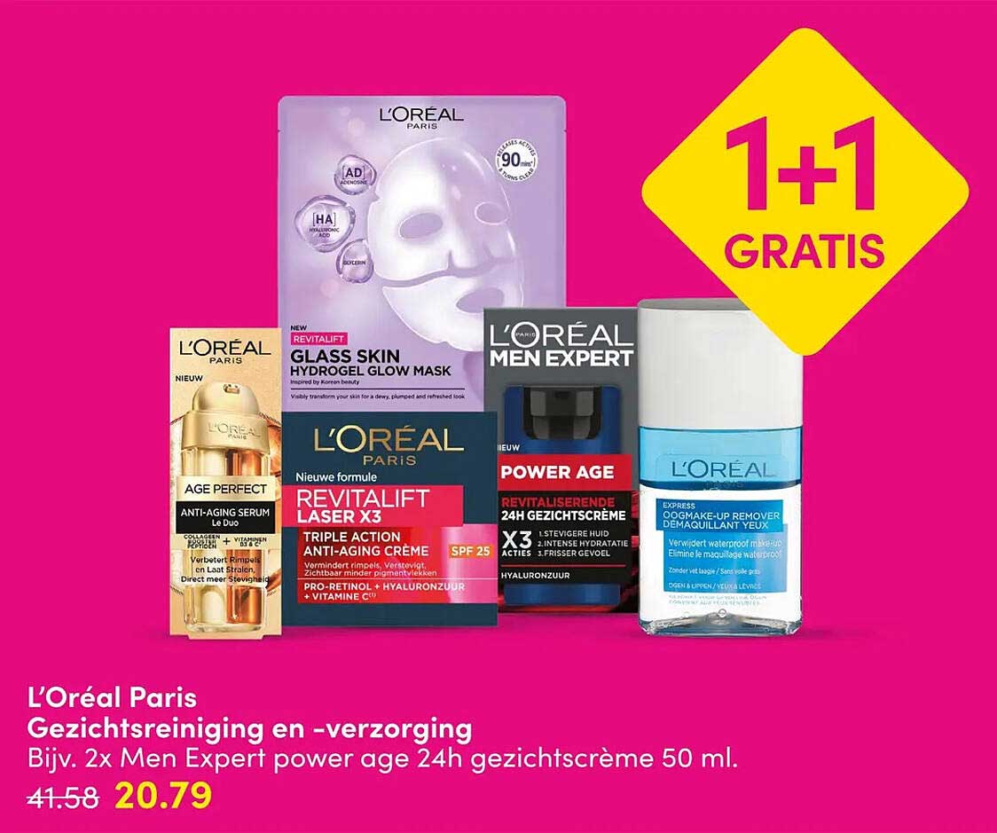 L’Oréal Paris Gezichtsreiniging en -verzorging 1+1 gratis
