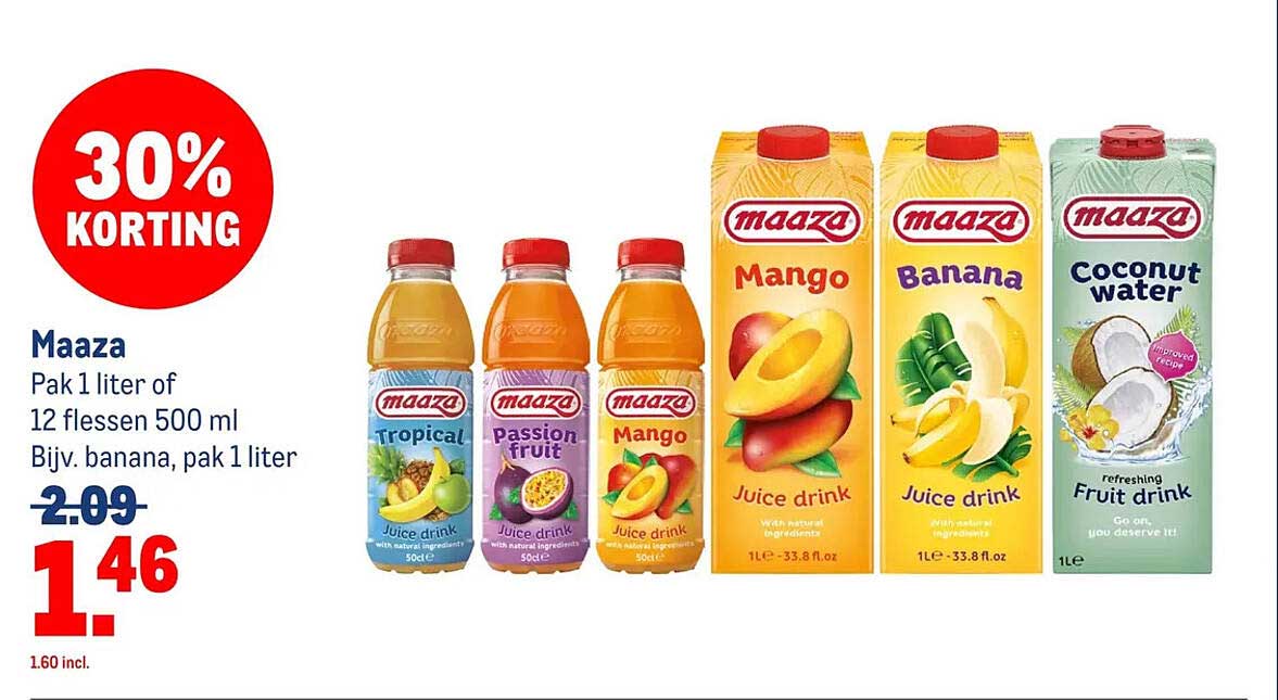 Maaza Pak 1 liter of 12 flessen 500 ml Bijv. banana, pak 1 liter 30% KORTING