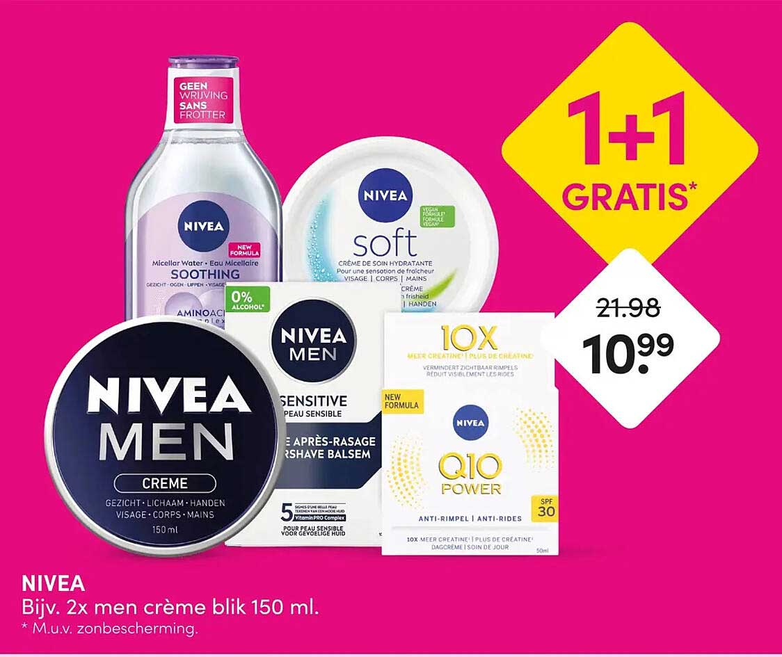 NIVEA Bijv. 2x men crème blik 150 ml. 1+1 GRATIS*