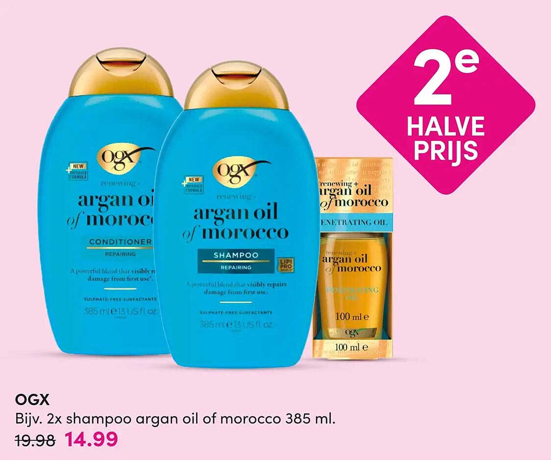 OGX Bijv. 2x shampoo argan oil of morocco 385 ml. 2e halve prijs