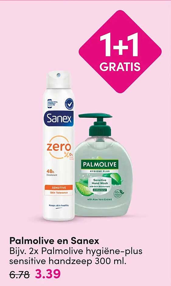 Palmolive en Sanex Bijv. 2x Palmolive hygiëne-plus sensitive handzeep 300 ml. 1+1 GRATIS
