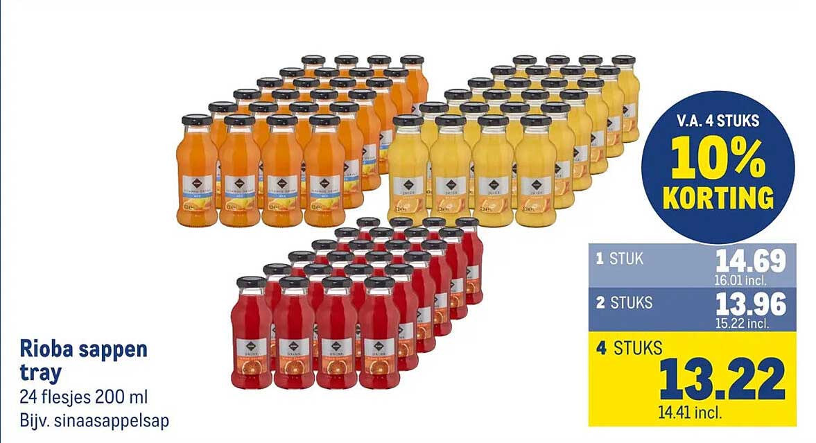 Rioba sappen tray 24 flesjes 200 ml Bijv. sinaasappelsap V.A. 4 STUKS 10% KORTING