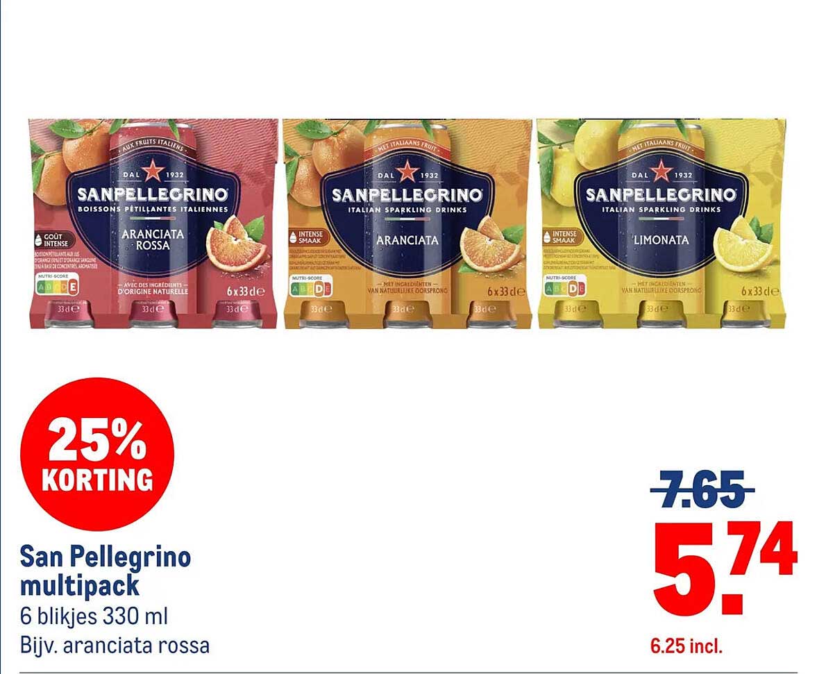 San Pellegrino multipack 6 blikjes 330 ml Bijv. aranciata rossa 25% KORTING