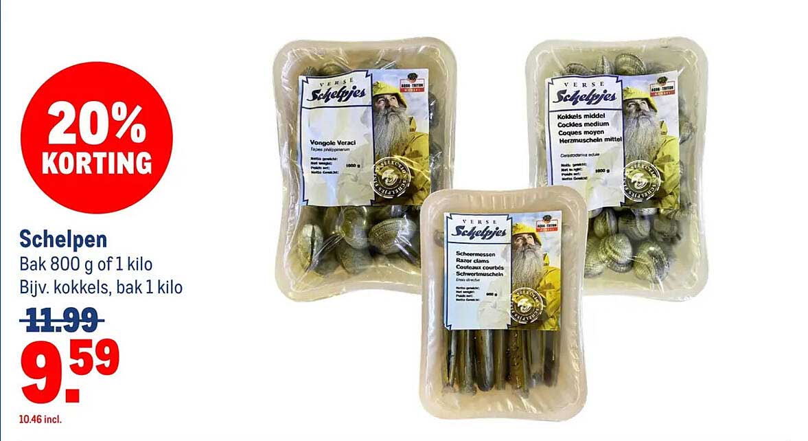 Schelpen Bak 800 g of 1 kilo Bijv. kokkels, bak 1 kilo 20% KORTING