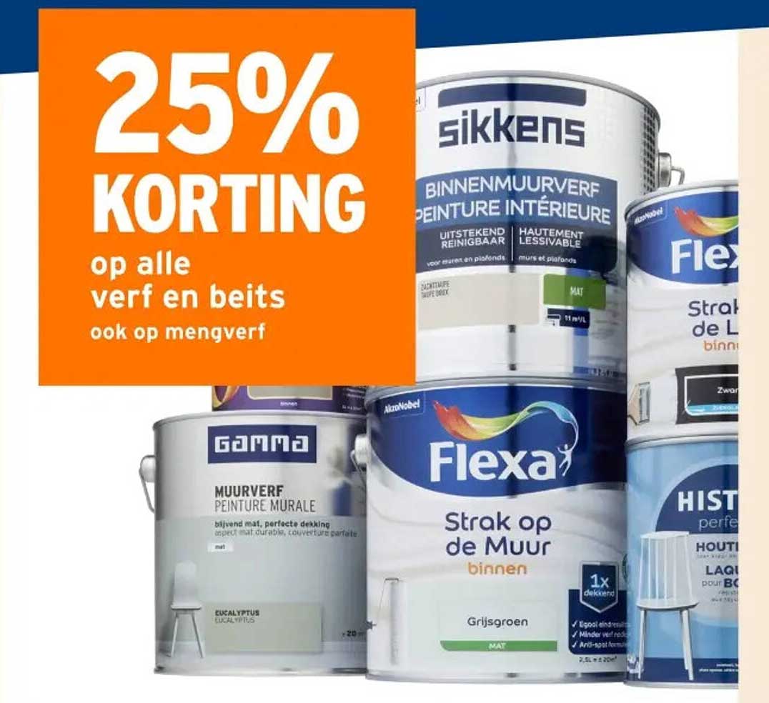 25% KORTING op alle verf en beits ook op mengverf