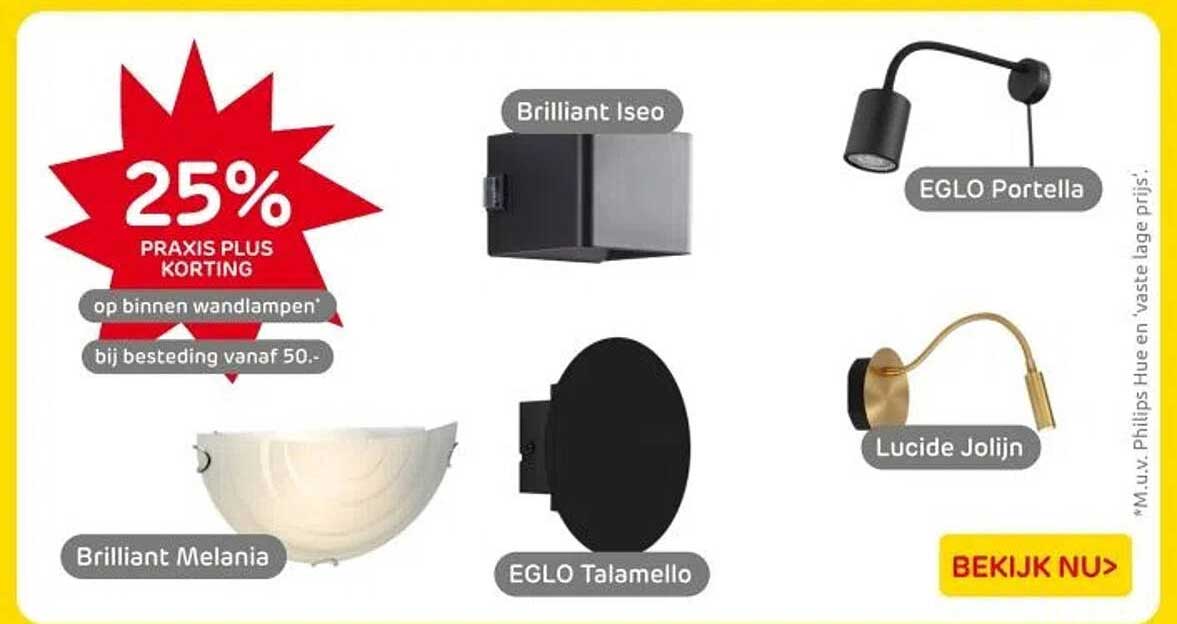 25% PRAKIS PLUS KORTING op binnen wandlampen bij besteding vanaf 50.-