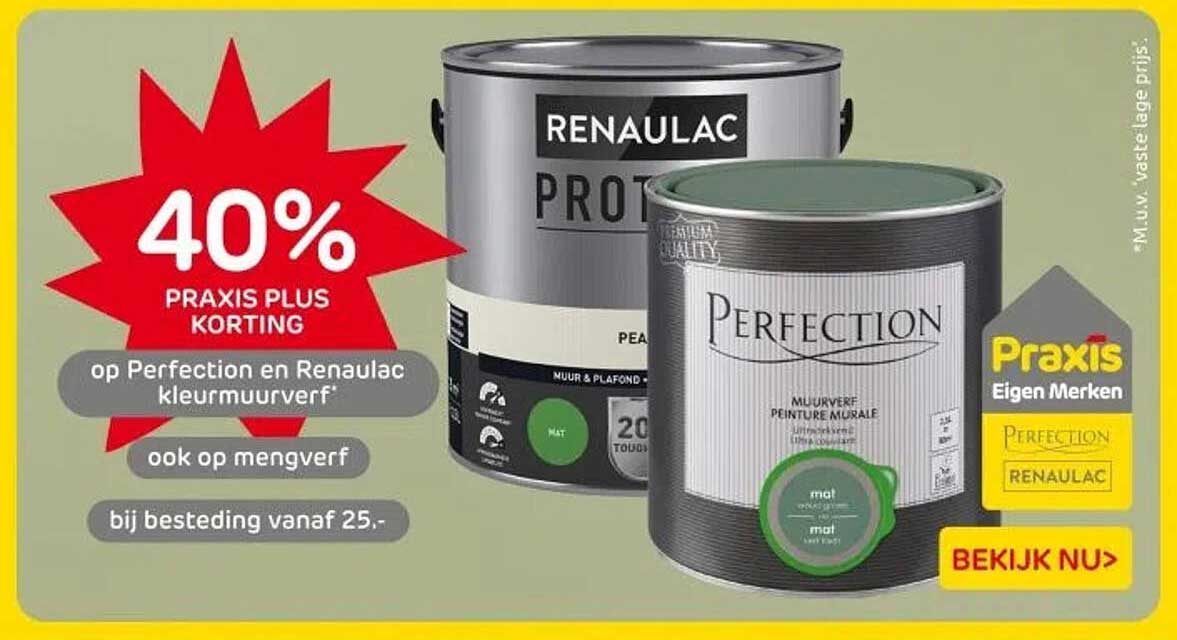 40% PRAKIS PLUS KORTING op Perfection en Renaualc kleurmuurverf