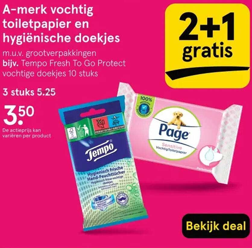 A-merk vochtig toiletpapier en hygiënische doekjes 2+1 gratis