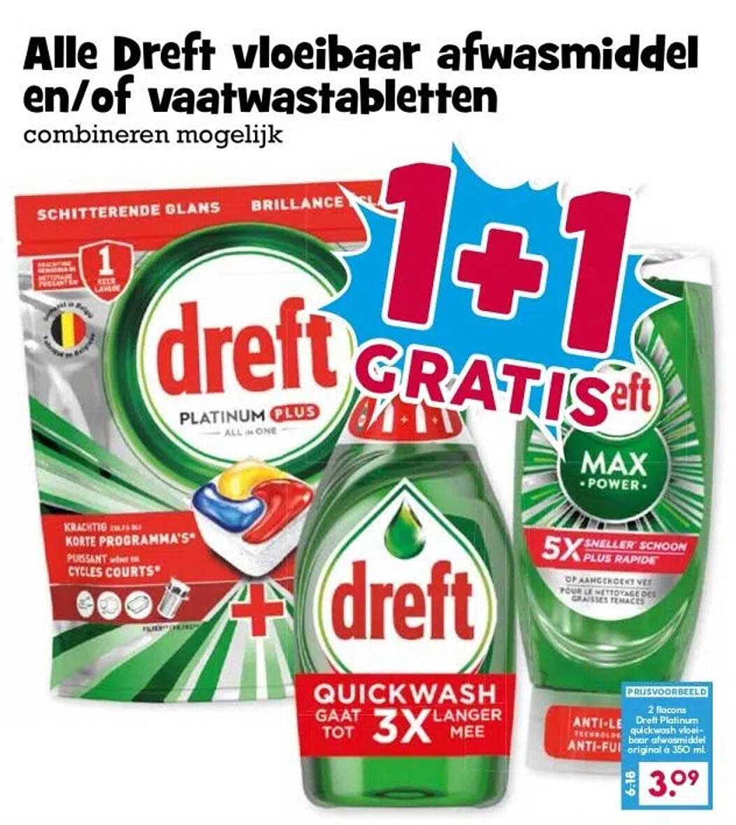 Alle Dreft vloeibaar afwasmiddel en/of vaatwastabletten 1+1 GRATIS