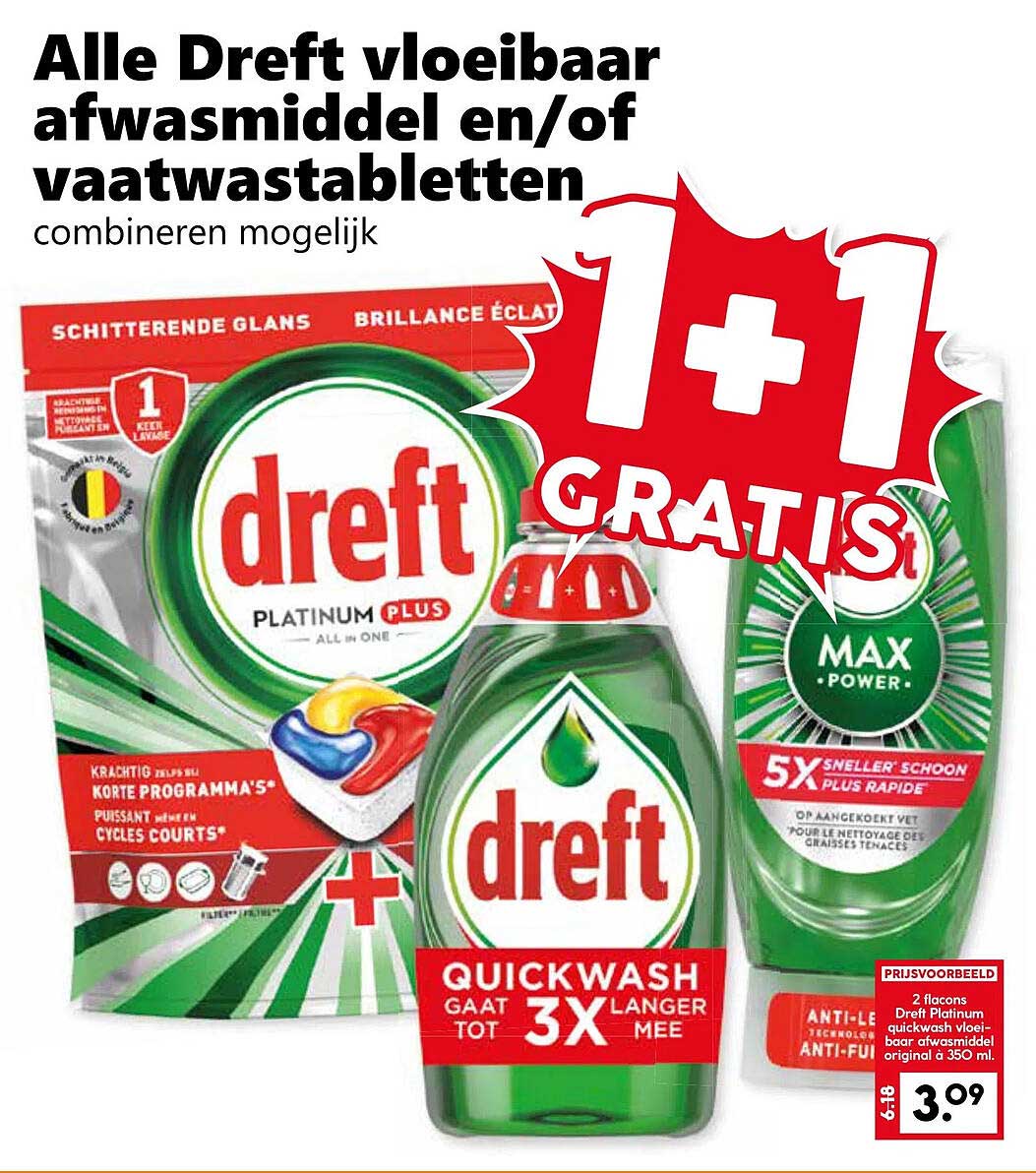 Alle Dreft vloeibaar afwasmiddel en/of vaatwastabletten 1+1 GRATIS