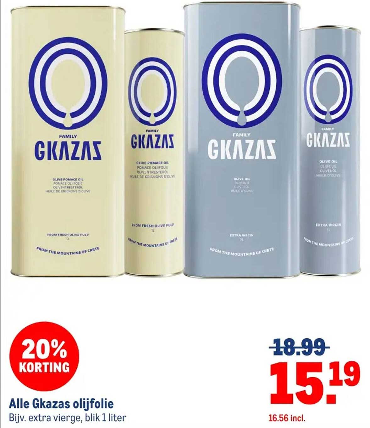 Alle Gkazas olijfolie Bijv. extra vierge, blik 1 liter