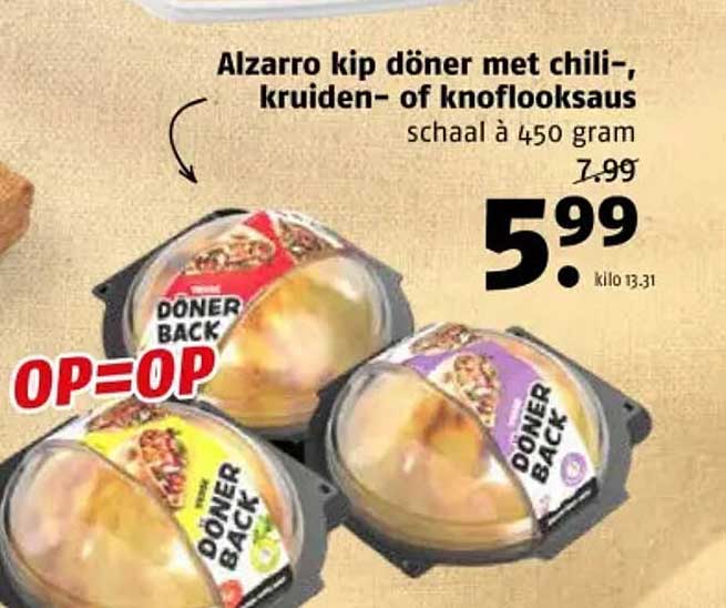 Alzarro kip döner met chili-, kruiden- of knoflooksaus schaal à 450 gram