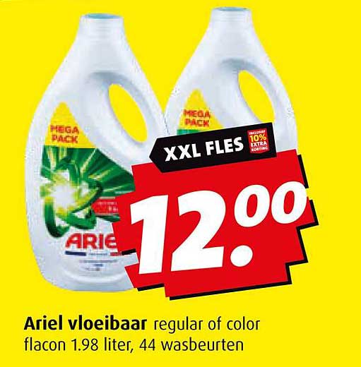 Ariel vloeibaar regular of color flacon 1.98 liter, 44 wasbeurten