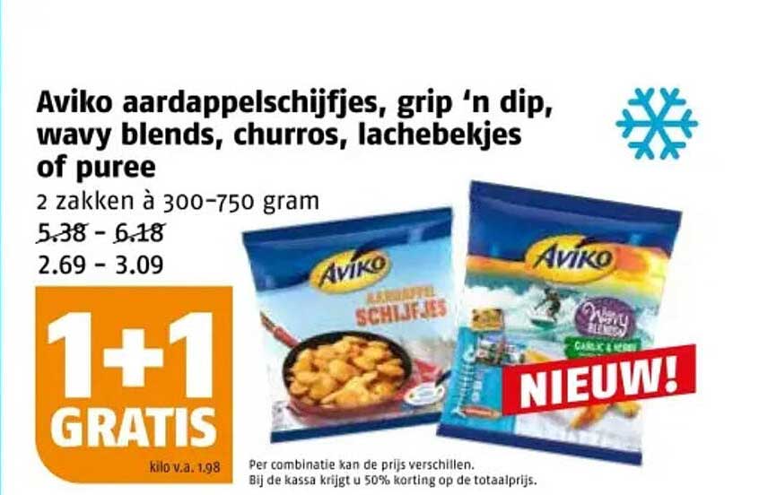 Aviko aardappelschijfjes, grip ‘n dip, wavy blends, churros, lachebekjes of puree