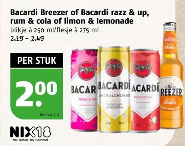 Bacardi Breezer of Bacardi razz & up, rum & cola of limon & lemonade