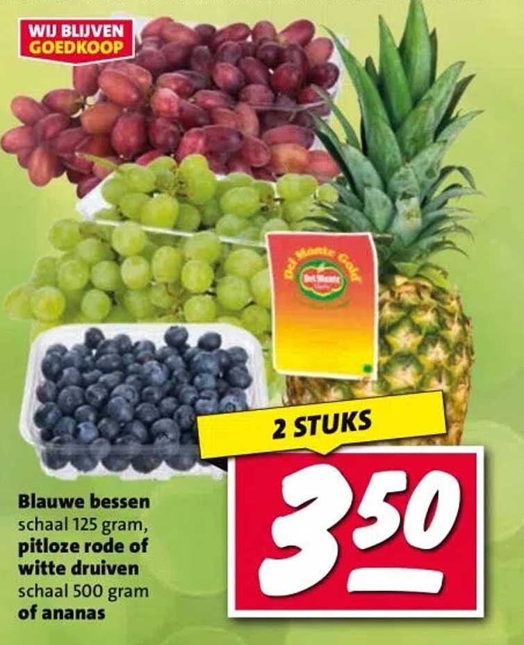 Blauwe bessen schaal 125 gram, pitloze rode of witte druiven schaal 500 gram of ananas