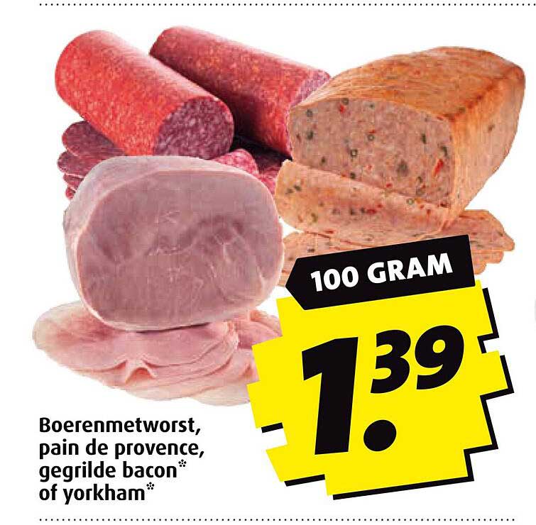 Boerenmetworst, pain de provence, gegrilde bacon of yorkham