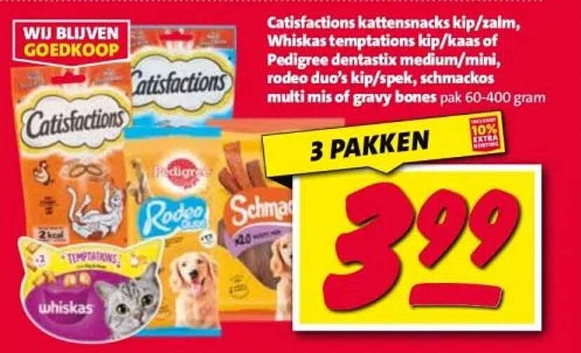 Catisfactions kattensnacks kip/zalm, Whiskas temptations kip/kaas of Pedigree dentastix medium/mini, rodeo duo's kip/spek, schmackos multi mis of gravy bones pak 60-400 gram